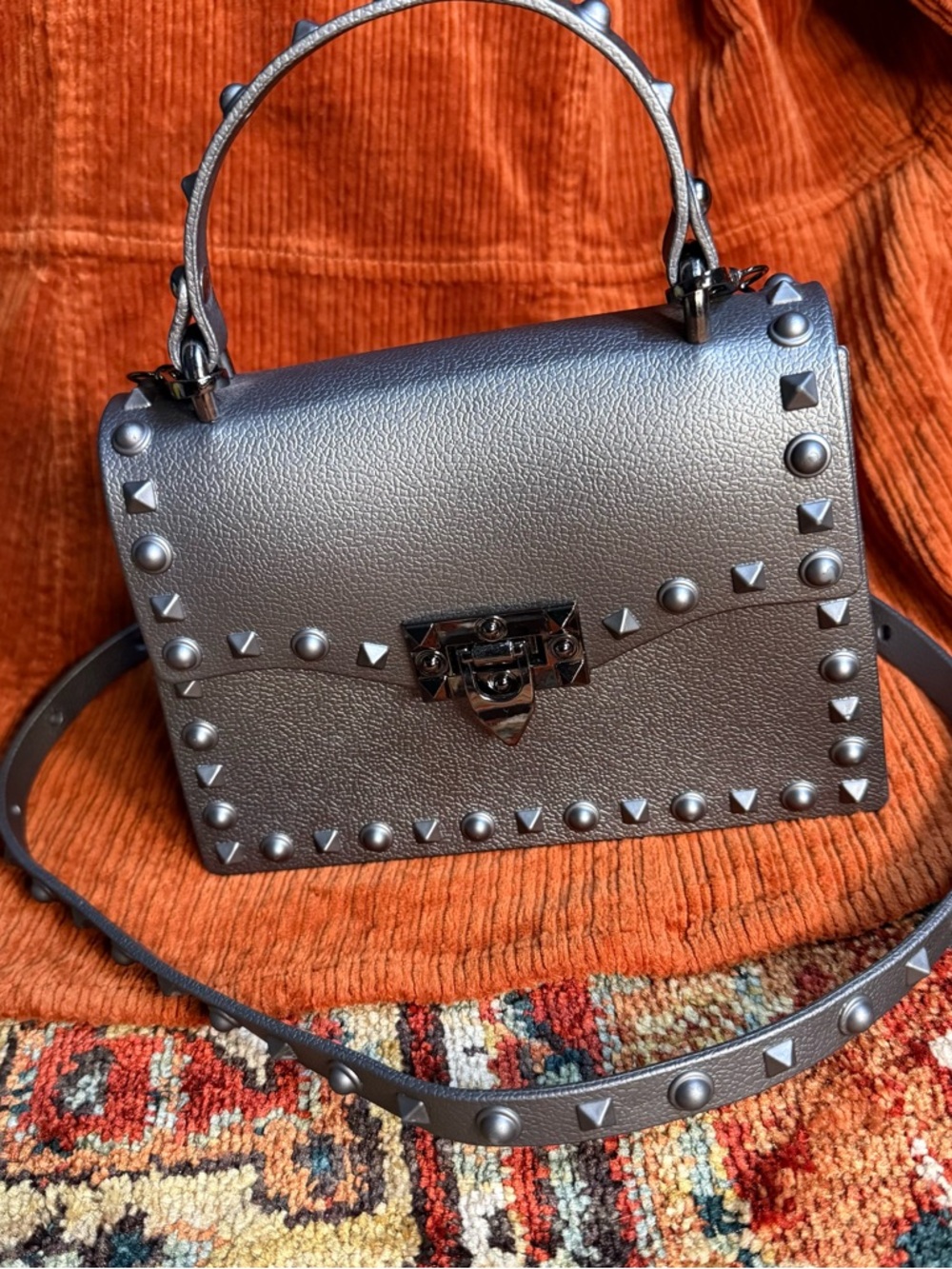 Studded Metallic Crossbody Bag in Silver